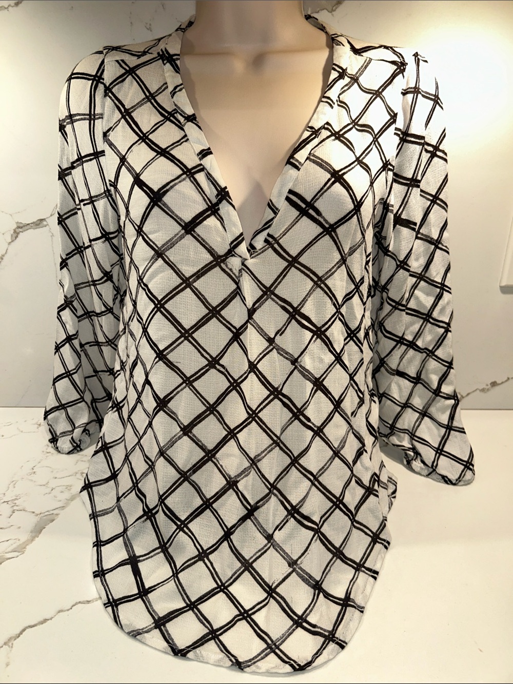 Lucky Brand White Tunic with Black Grid Pattern